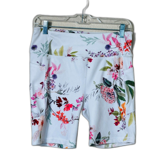 Tahari Sport Pull On Bike Short Athletic White Floral Feminine Stretch Medium - Picture 1 of 9